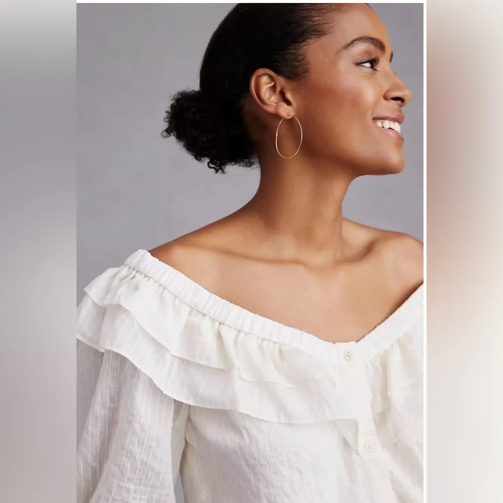 Mauve by Anthropologie Ruffle-Neck Puff-Sleeved Off the Shoulder in Ivory Sz XS